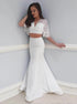 V Neck White Two Piece Lace Mermaid Half Sleeves Prom Dresses LBQ1969